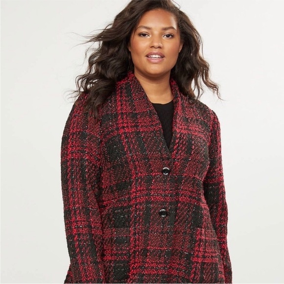Lane Bryant Tweed Shimmer Blazer Plaid Jacket Boucle Red Size 26/28 - Picture 2 of 16